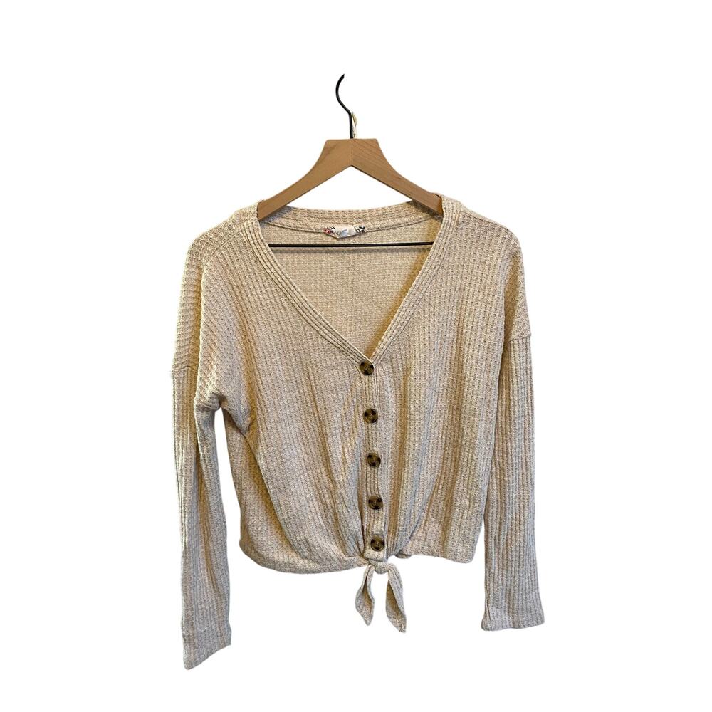 Pink Republic Top Botton Down Tie-Front Thermal V-Neck Cardigan Biege Size Med